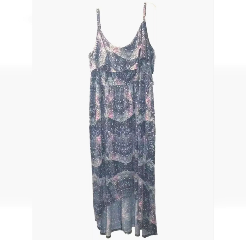 Y2k Vtg Ruffle Maxi Dress Woman Plus 4X Arsty Abstract HiLow Hem Fairy Boho